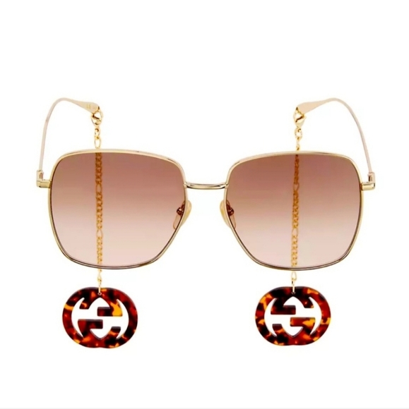 ✨️GUCCI GOLD GG    GOLD GRADIENT SUNGLASSES WITH DETACHABLE GG LOGO CHAIN NEW✨️ - Picture 3 of 5